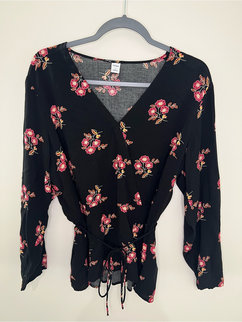 Old Navy Black Floral Wrap Top with Pink Flowers